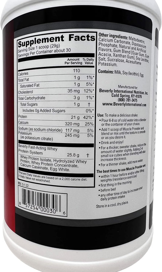 Beverly International Muscle Provider, 30 Servings, Chocolate. Super-Fast-Absorbing Whey Protein Powder For Recovery, Lean Muscle. Fills Your Muscles, Not Your Stomach. Tastes Like Ice Cream