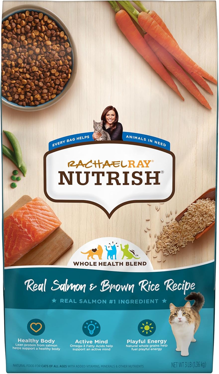 Rachael Ray Nutrish Premium Natural Dry Cat Food With Added Vitamins, Minerals & Other Nutrients, Real Salmon & Brown Rice Recipe, 3 Pound Bag