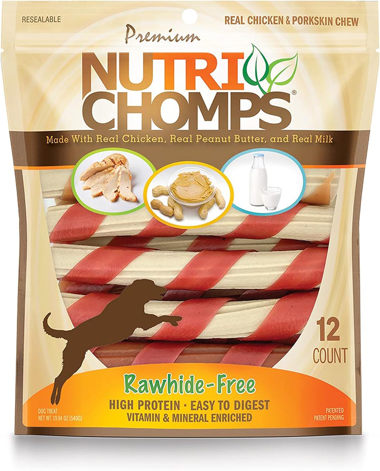 Nutrichomps Dog Chews – 6-Inch Twists, Easy To Digest, Rawhide-Free Dog Treats, Healthy, 12 Count, Real Chicken, Peanut Butter And Milk Flavors