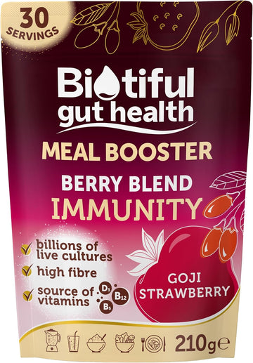 Biotiful Gut Health 7 In 1 Meal Booster – 34 Billion Cfu Probiotics + Prebiotics | Immunity, Energy & Digestion Support | Vegan, Gluten-Free Superfood Powder | 210G – Strawberry & Goji Berry