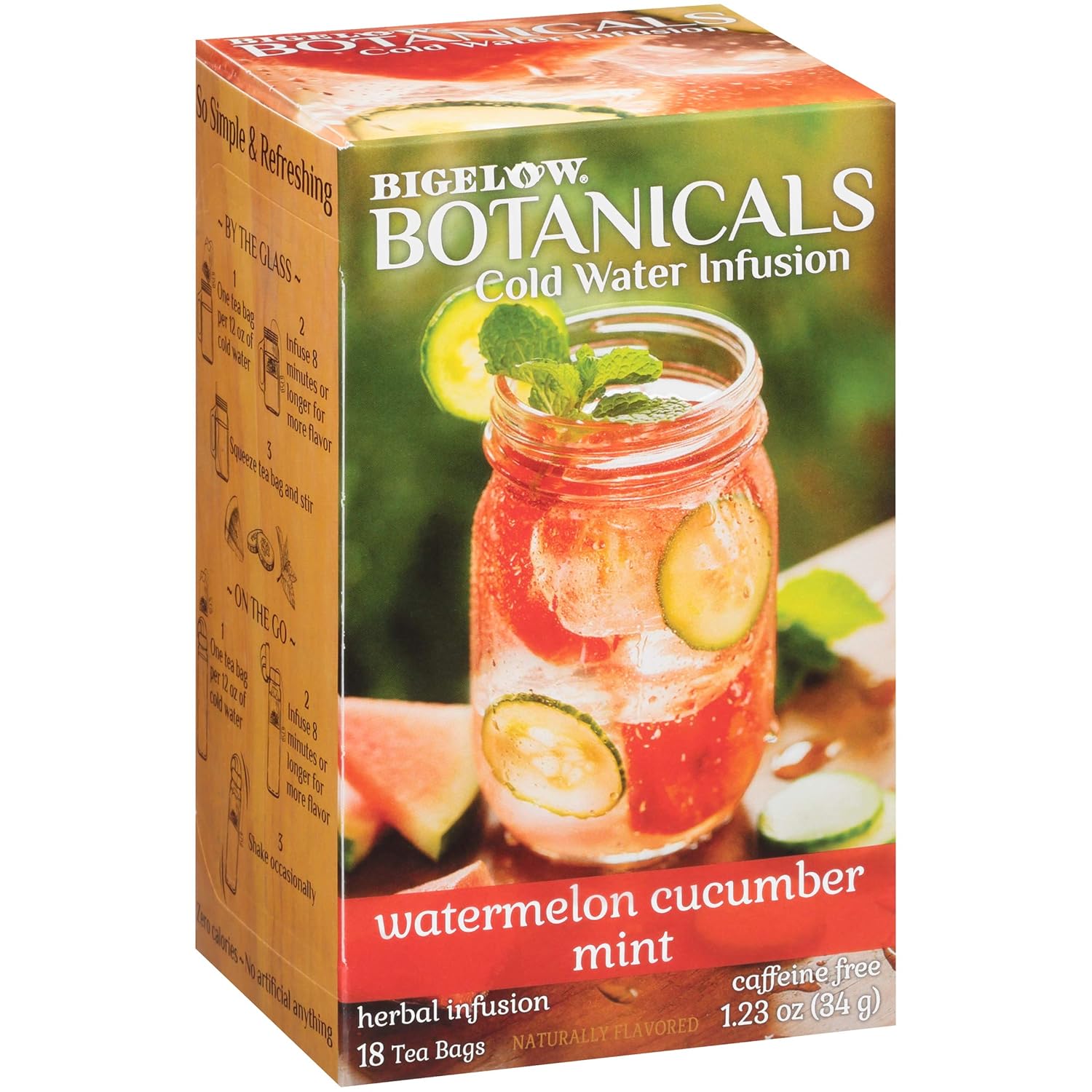 Bigelow Botanicals Cold Water Infusion Watermelon Cucumber Mint, Caffeine Free Herbal Tea With Watermelon, Cucumber And Mint Flavor, 18 Count Box (Pack Of 6), 108 Total Tea Bags