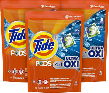 Tide Pods Liquid Laundry Detergent Soap Pacs, 4-In-1 Ultra Oxi, He Compatible, 3 Bag Value Pack, 75 Count