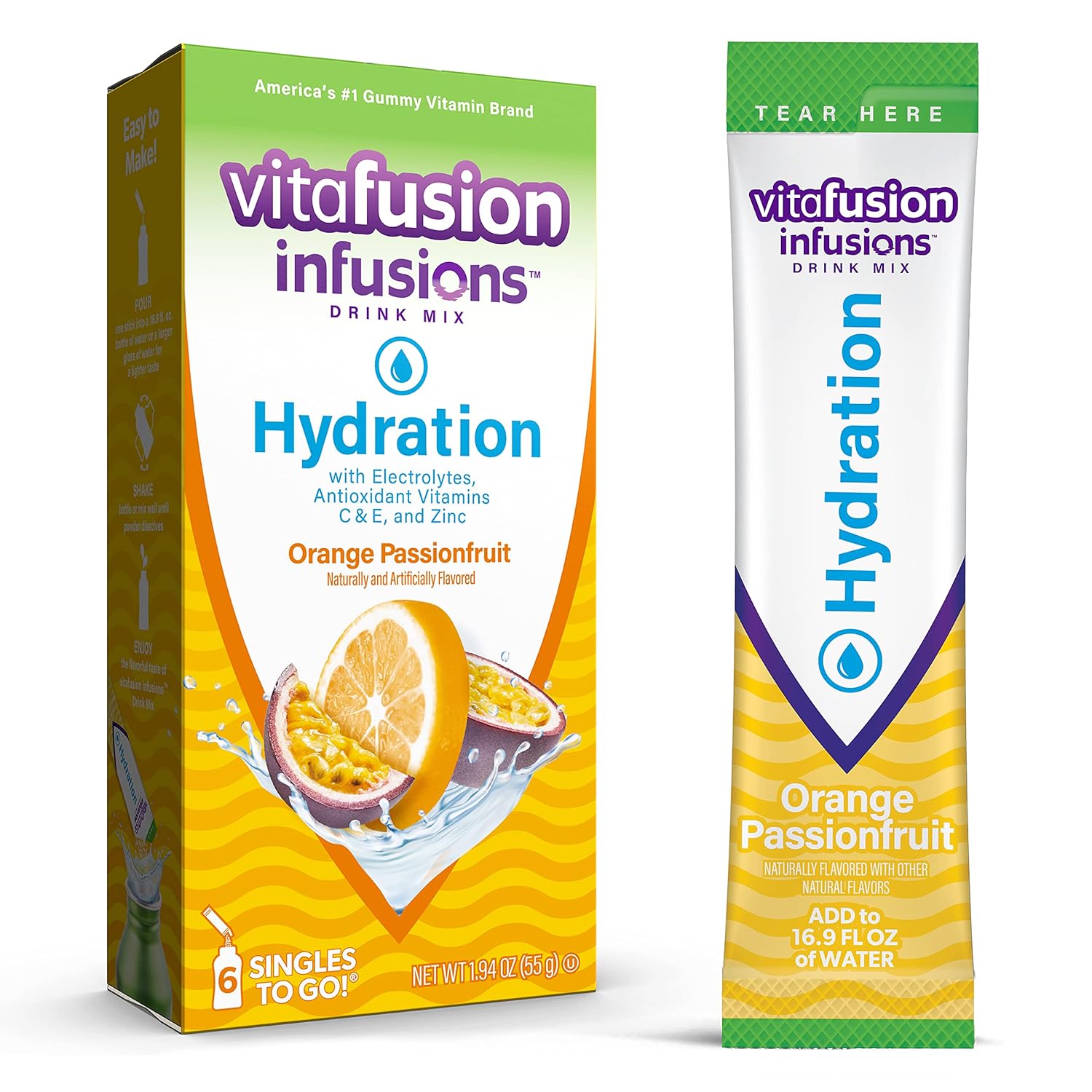 Vitafusion Infusions Hydration Drink Mix, Singles To Go, Orange Passionfruit, 1 Box, 6 Packets Per Box (6 Total Sticks)