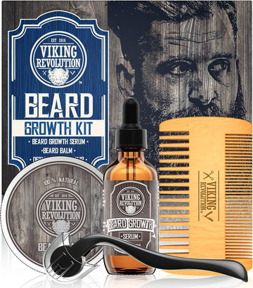 Beard Growth Kit - Oil, Balm, Serum, Derma Roller & Wooden Comb For Beard & Mustache Growth