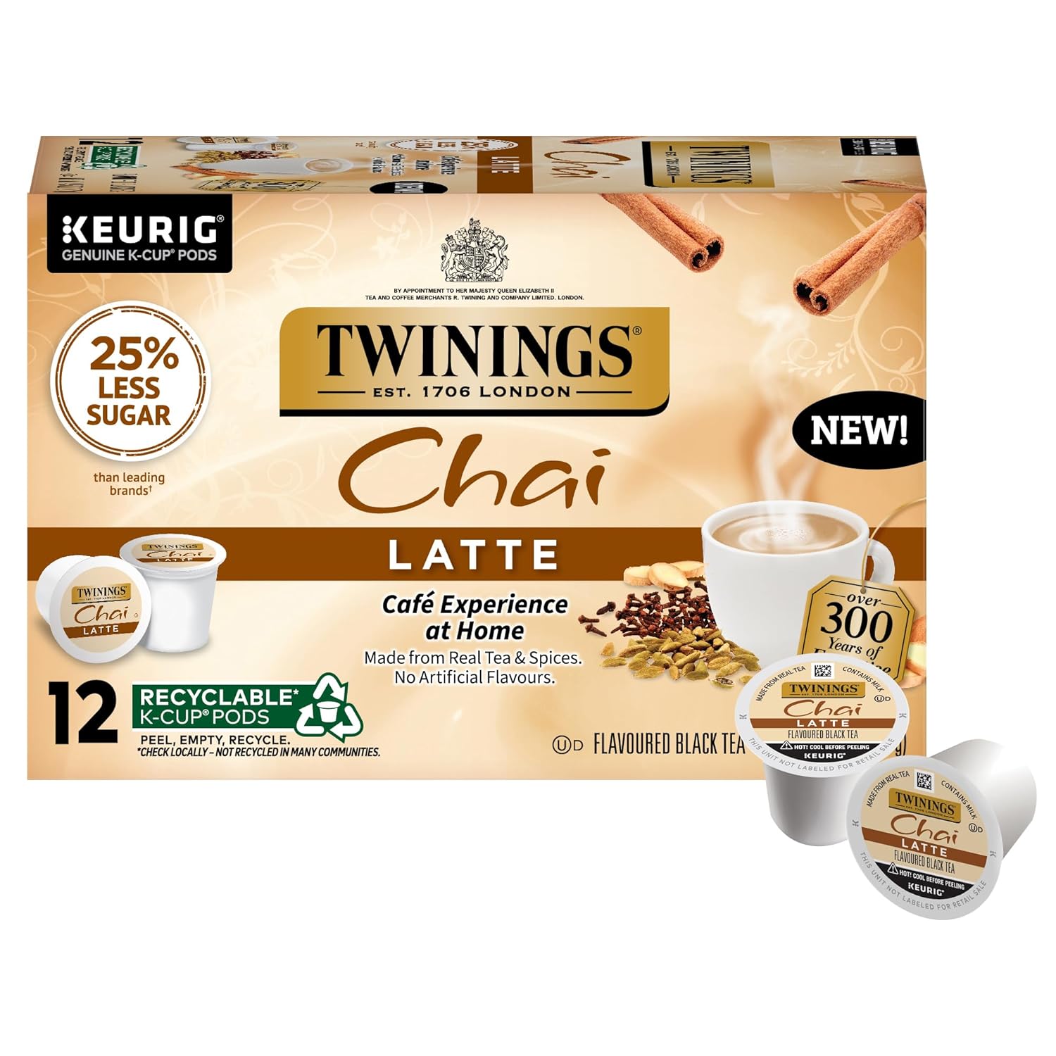 Twinings Chai Latte Black Tea K-Cup Pods For Keurig, 12 Count (Pack Of 6), Creamy, Slightly Sweet, Less Sugar, Caffeinated, Enjoy Hot Or Iced