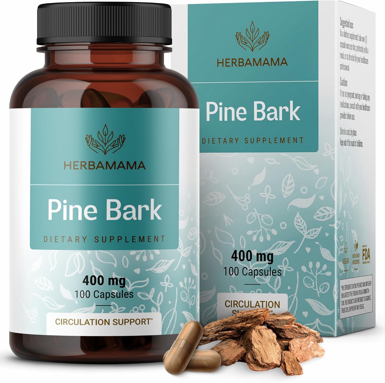 Herbamama Pine Bark Extract Capsules - 400Mg French Maritime Pine Bark Extract Powder For Antioxidant Support - Vegan, Non-Gmo Pinus Pinaster Supplement, 100 Caps
