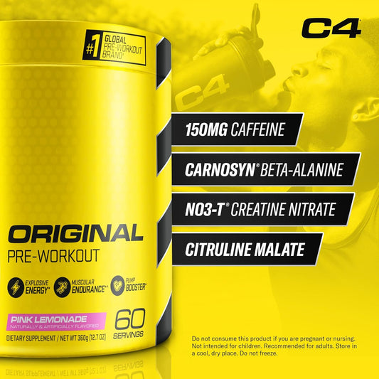 Cellucor C4 Original Pre Workout Powder Pink Lemonade Vitamin C For Immune Support Sugar Free Preworkout Energy For Men & Women 150Mg Caffeine + Beta Alanine + Creatine 60 Servings