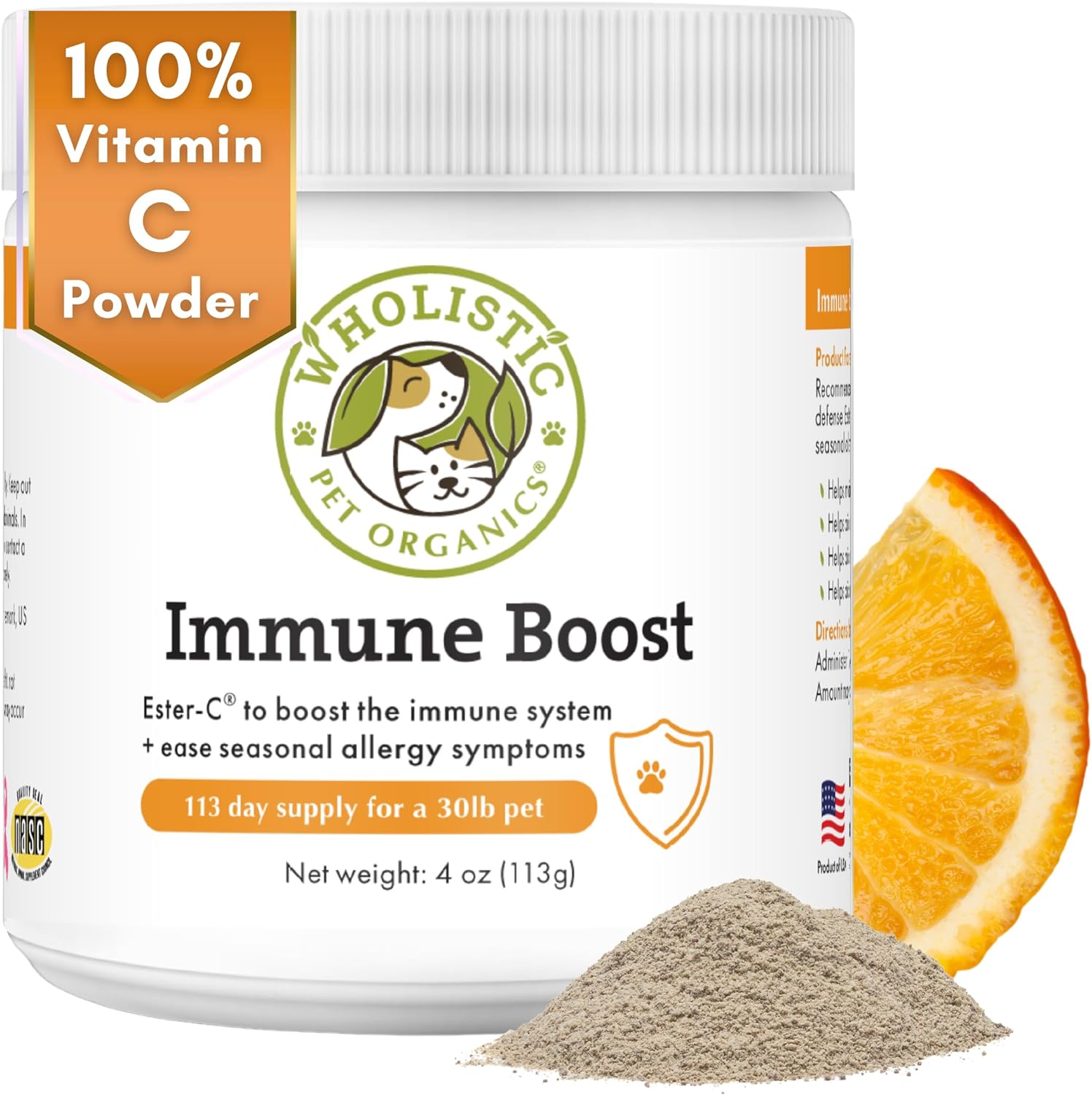 Wholistic Pet Organics Allergy Immune Boost: Vitamin C for Dogs Skin and Coat Supplement - 4 oz - Dog Allergy Relief Medication for Dogs - Dog Itch Relief - Ester C Dogs Supplement and Vitamin Powder