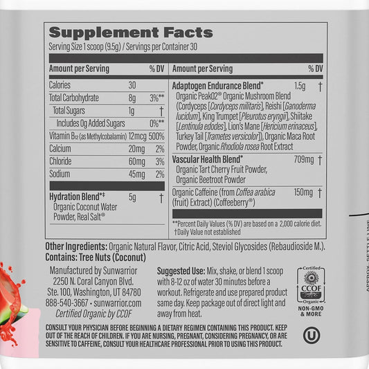 Sunwarrior Plant-Based Preworkout Powder Hydration Blend | Coconut Water Mushroom Blend Soy Free Sugar Free Gluten Free Dairy Free Synthetic Free | Watermelon Wave 30 Servings | Sport Active Energy