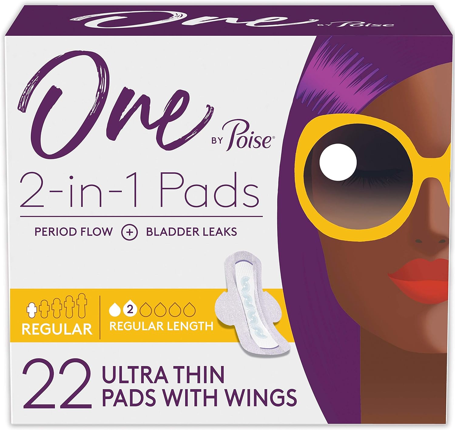 Poise Feminine Pads with Wings (2-in-1 Period & Bladder Leakage Pads for Women), Regular, Regular Absorbency for Period Flow, Very Light Absorbency for Bladder Leaks, 22 Count