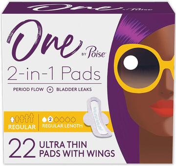 One By Poise Feminine Pads With Wings (2-In-1 Period & Bladder Leakage Pads For Women), Regular, Regular Absorbency For Period Flow, Very Light Absorbency For Bladder Leaks, 22 Count