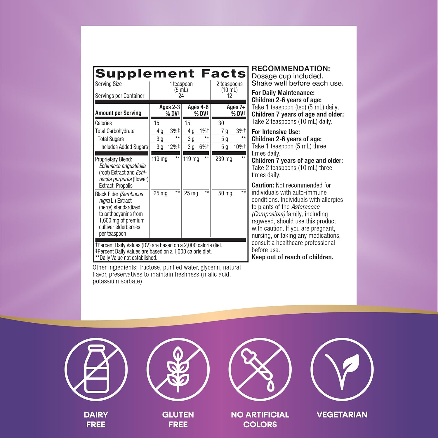 Nature's Way Sambucus Elderberry Immune Syrup for Kids Ages 2+, with Echinacea & Propolis, Daily Immune Support*, Vegetarian, Berry Flavored, 4 Fl Oz (Packaging May Vary) : Health & Household