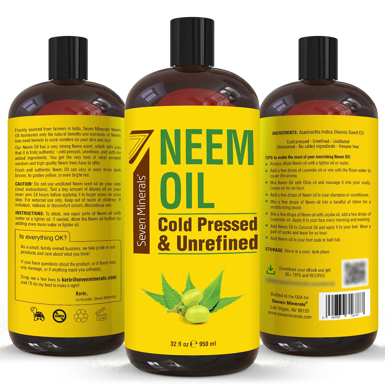 Pure Cold Pressed Neem Oil - Big 32 fl oz Bottle - Non-GMO, Hexane Free, 100% Pure Neem Oil for Plants Spray, Skincare, & Haircare. Treats Dry Skin, Wrinkles, & Promotes Healthy Hair Growth : Beauty & Personal Care