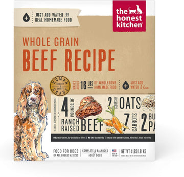 The Honest Kitchen Human Grade Dehydrated Whole Grain Dog Food – Complete Meal Or Dog Food Topper – Beef 4 Lb (Makes 16 Lbs)