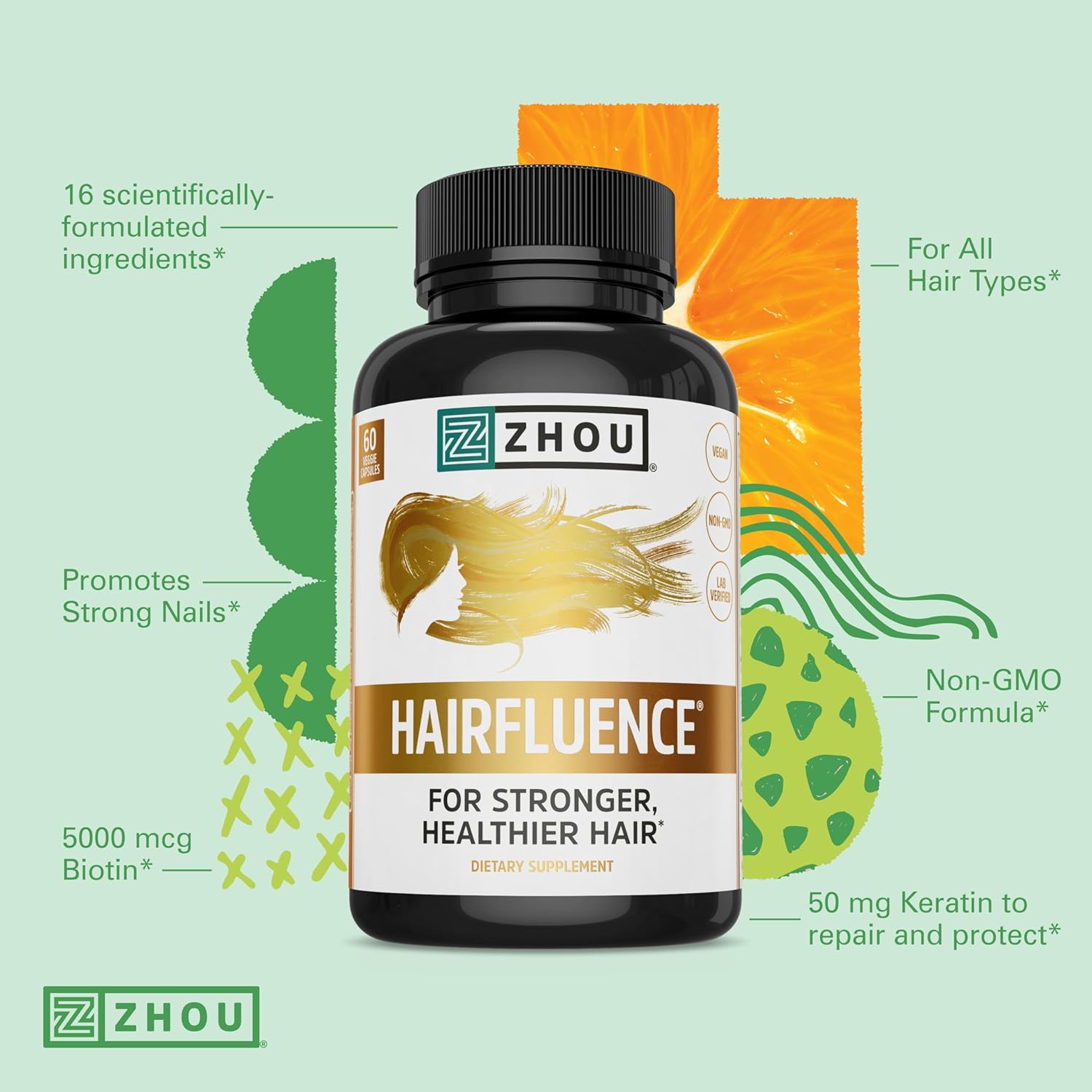 Zhou Hairfluence, Hair Growth Supplement with Clinically Studied Lustriva and Keranat and Hair Vitamins Biotin 5000mcg, Vitamin D, A, C & B12, Non-GMO, Gluten Free, 60 VegCaps : Beauty & Personal Care