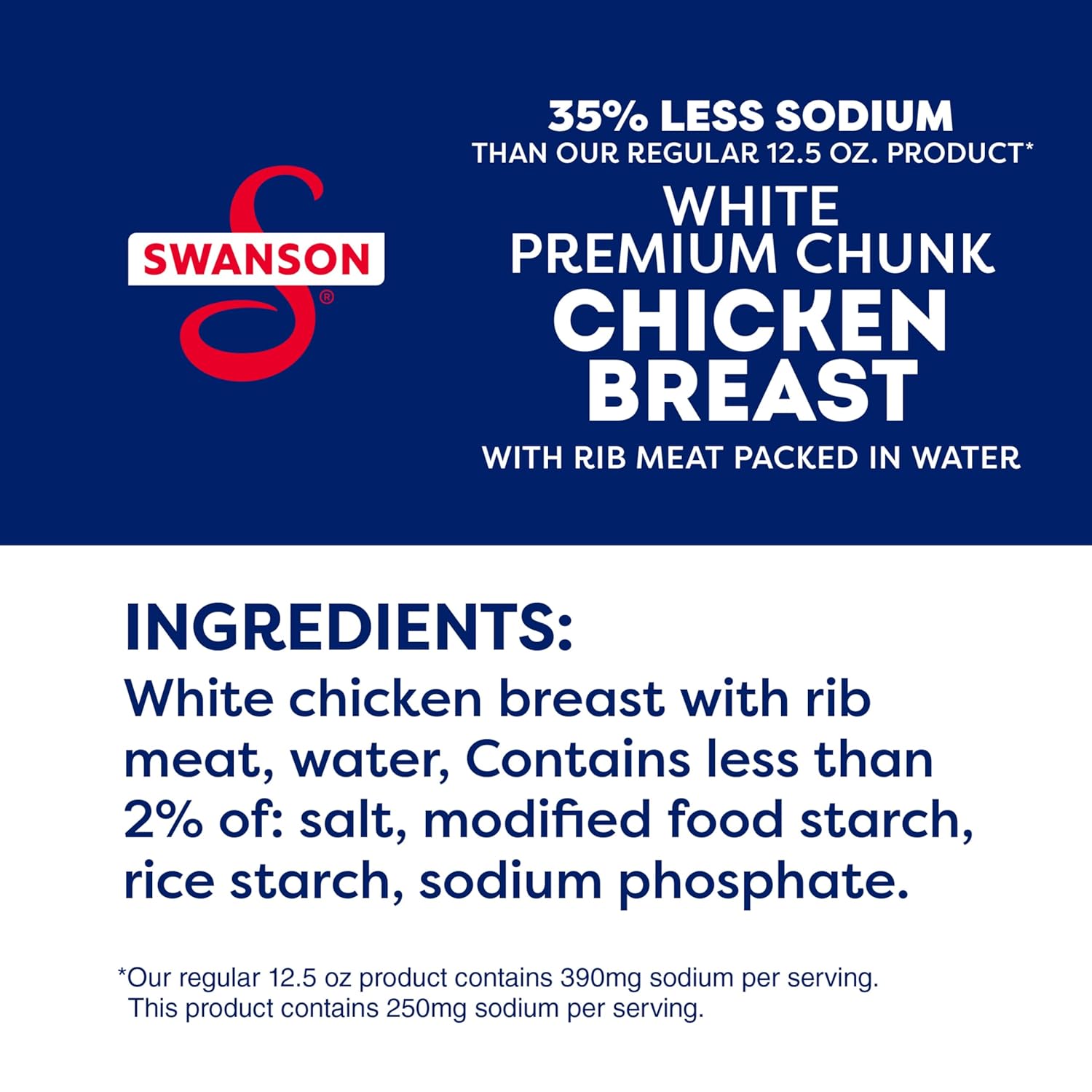 Swanson 35% Less Sodium White Premium Chunk Canned Chicken Breast in Water, Fully Cooked Chicken, 12.5 OZ Can : Grocery & Gourmet Food