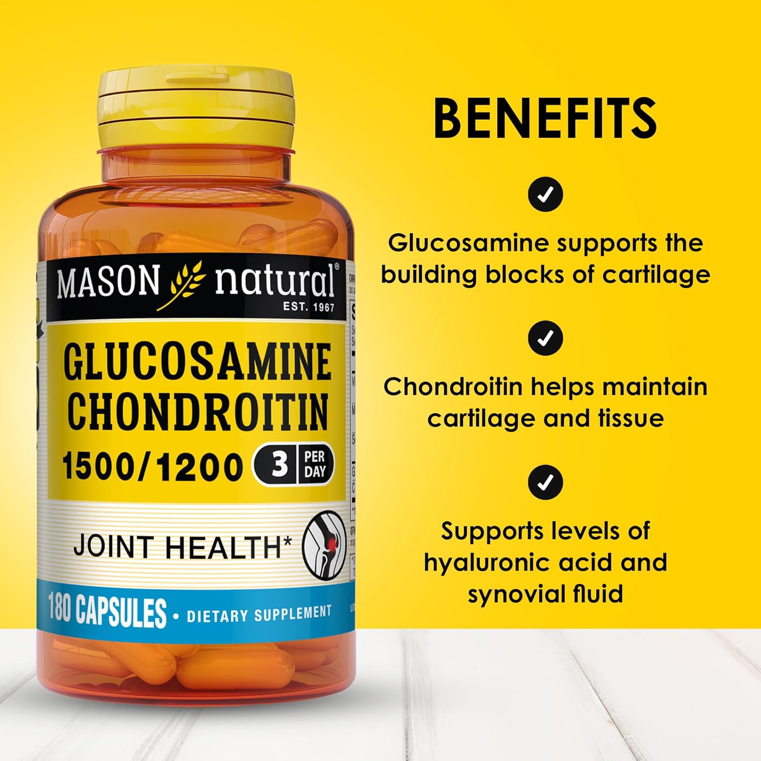 Mason Natural Glucosamine Chondroitin 1500/1200 3 Per Day With Vitamin C - Supports Joint Function For Normal Flexibility & Mobility*, 180 Capsules