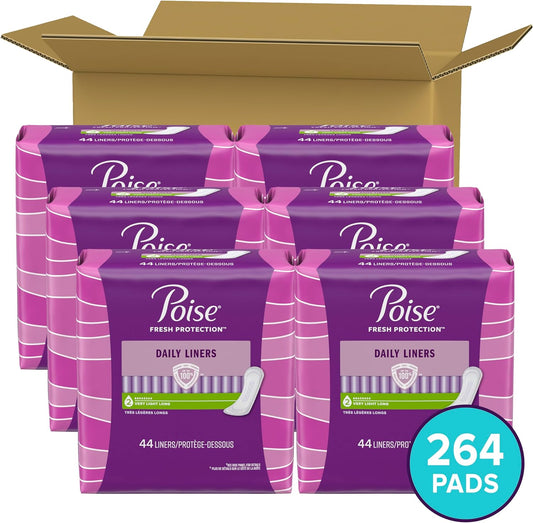 Poise Daily Incontinence Panty Liners, 2 Drop Very Light Absorbency, Long, 264 Count (6 Packs of 44 Pantiliners), Packaging May Vary