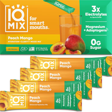 Iqmix Sugar Free Electrolytes Powder Packets - Hydration Supplement Drink Mix With Keto Electrolytes, Lions Mane, Magnesium L-Threonate, And Potassium Citrate - Peach Mango (20 Count)