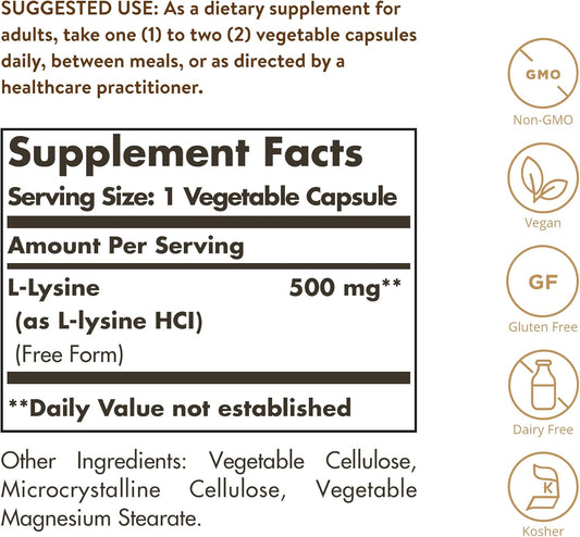 Solgar L-Lysine 500 Mg, 250 Vegetable Capsules - Enhanced Absorption & Assimilation - Promotes Integrity Of Skin & Lips - Collagen Support - Amino Acids - Non-Gmo, Vegan, Gluten Free - 250 Servings