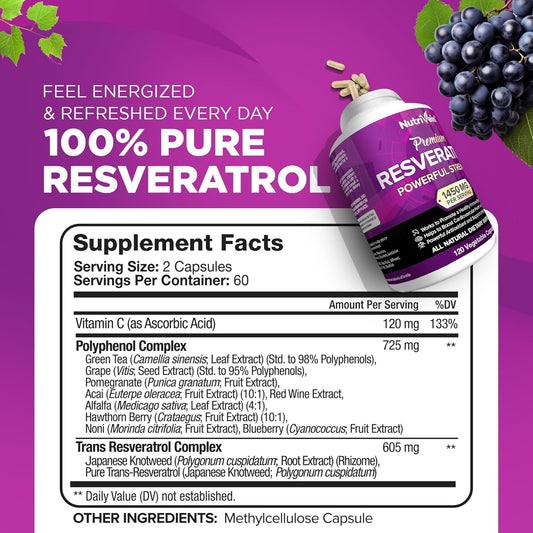 Nutrivein Resveratrol 1450Mg - Antioxidant Supplement 120 Capsules – Supports Healthy Aging & Promotes Immune, Brain Boost & Joint Support - Made With Trans-Resveratrol, Green Tea Leaf, Acai Berry