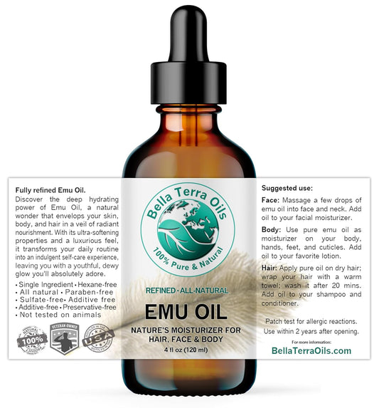 Bella Terra Oils - Emu Oil 4 oz - Genuine Pure Australian Emu, Infused with Linoleic & Oleic Acid, Perfect Companion for Lustrous Skin