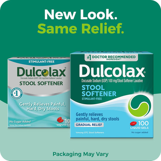 Dulcolax Stool Softener Laxative Liquid Gel Capsules, Gentle Constipation Relief For Hard, Dry Stools, Docusate Sodium 100 Mg, 100 Count