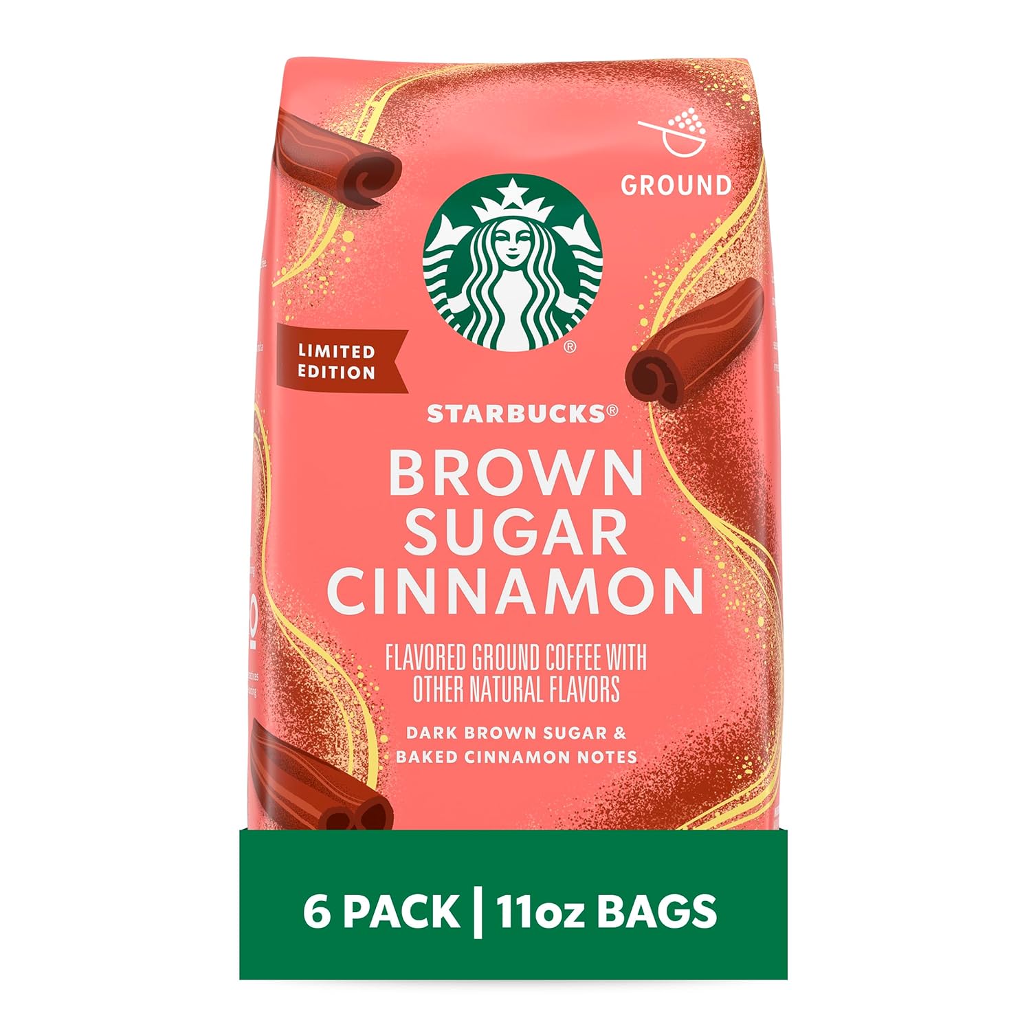 Starbucks Ground Coffee, Brown Sugar Cinnamon Naturally Flavored Coffee, 100% Arabica, Limited Edition, 6 Bags (11 Oz Each)