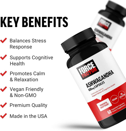 Force Factor Ashwagandha Supplements Made With Premium Vegan Ashwagandha Powder, Adaptogens To Support Stress And Cognitive Health, No Gelatin, Non-Gmo, 60 Capsules