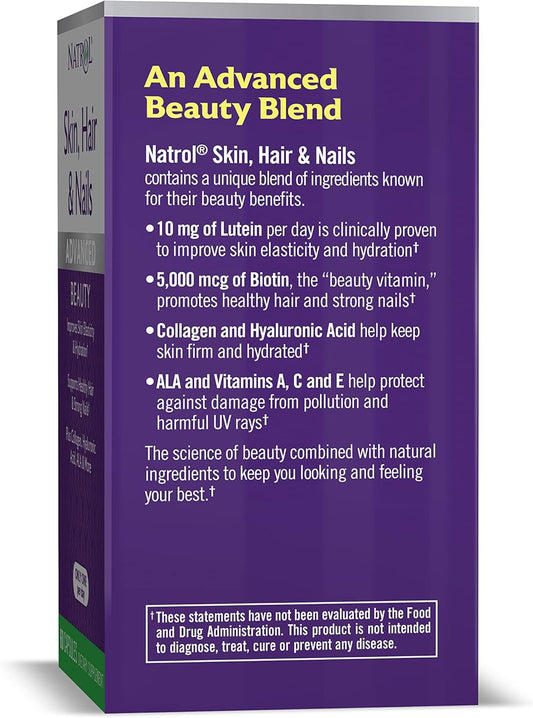 Natrol Skin, Hair and Nails Advanced Beauty Capsules, Packed with Beauty Enhancing Ingredients - 5,000mcg Biotin, 60 Count