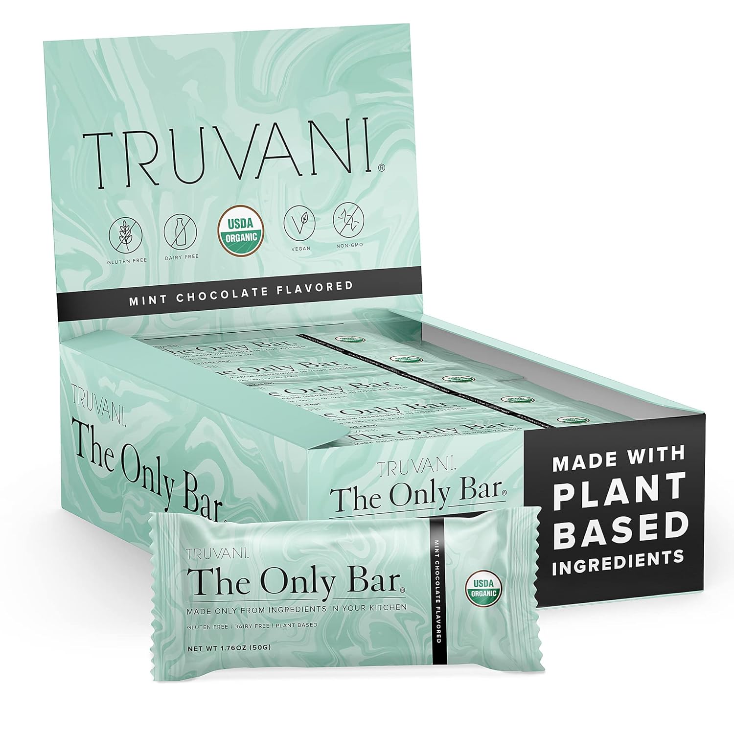 Truvani Plant Based Snack Bars | 7G Protein | 12 Pack Mint Chocolate | Organic | Vegan | The Only Bar | Dairy, Soy, And Gluten Free | Individually Wrapped