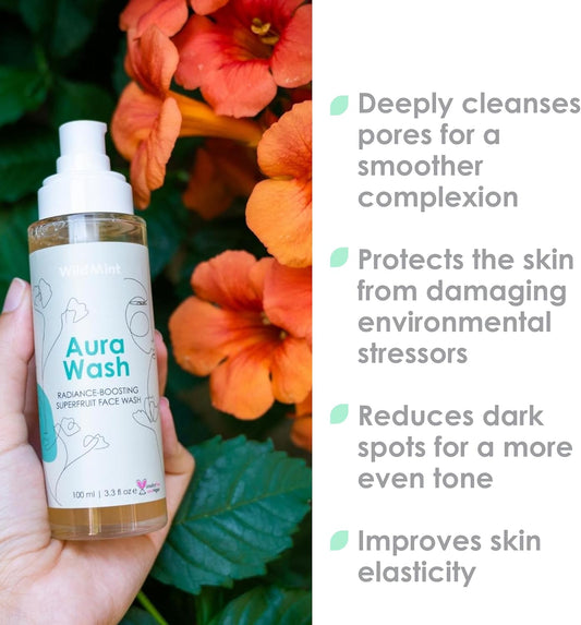 WildMint Aura Wash Natural Face Cleanser | Brightening & Healing Gentle Face Wash for Acne, Hormonal Breakouts, Dark Spots, Hyperpigmentation, Oily Skin | UK Made Vegan & Cruelty-Free Skincare | 100ml