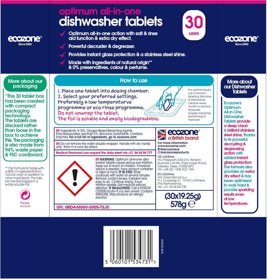 Ecozone Optimum All In One Dishwasher Tablets X 30, Dishwashing Tablets With Salt, Rinse Aid & Extra Dry Effect, Powerful Degreaser & Dish Washer Tabs, Eco Conscious & Gentle On Appliances
