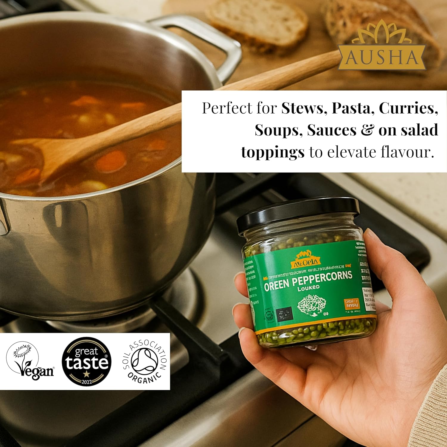 Ausha Organic Green Peppercorns in Brine 100g - UK Certified Organic Soil Association - Bio Available form of Pepper - Fermented in Brine with Turmeric and Amla Juice - 1* GREAT TASTE AWARD : Amazon.co.uk: Grocery