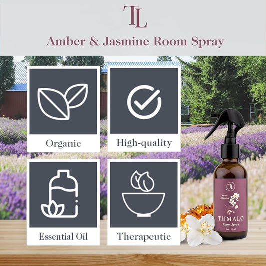 Room Spray - Sophisticated, All-Natural Home Fragrance, Pure Essential Oil Air Freshener & Odor Eliminator, Soothing and Refreshing Scent, Amber & Jasmine, 4 oz Glass Bottle