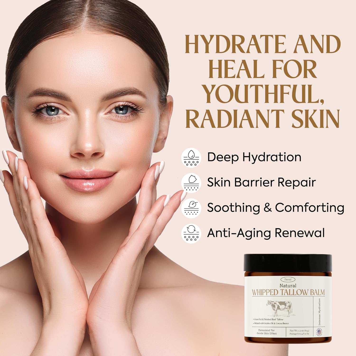 Dersie Beef Tallow For Skin: 100% Grass-Fed Whipped Tallow Balm For Deep Hydration & Soothing – Suitable For Dry, Sensitive & Mature Skin, Safe For Kids & Babies (Made In Usa) : Beauty & Personal Care