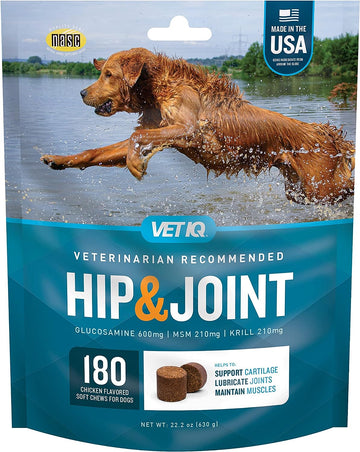 VetIQ Glucosamine Hip & Joint Supplement for Dogs, 180 Soft Chews, Dog Joint Support Supplement with MSM and Krill, Dog Health Supplies Large & Small Breed, Chicken Flavored Chewables
