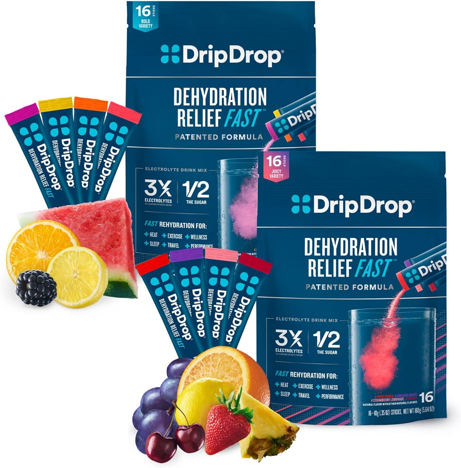 DripDrop Hydration - Electrolyte Powder Packets - Watermelon, Berry, L