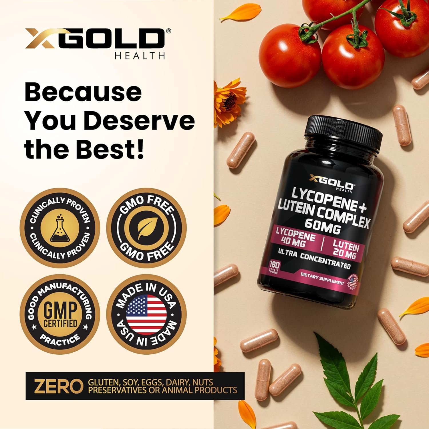 Lycopene + Lutein Supplement 60Mg | Lycopene 40Mg From Tomato & Lutein 20Mg From Marigold Extract - 2-In-1 Ultra-Concentrated Health Supplements | Non-Gmo & Gluten Free - 180 Veggie Caps Made In Usa : Health & Household
