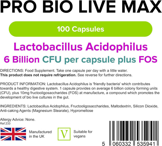 Lindens - Pro Bio Live Max 6 Billion Cfu Capsules - 100 Pack - Uk Made - Contributes To A Healthy Gut And Supports Digestion - Probiotic Vegetarian Capsules - Letterbox Friendly, Vegan
