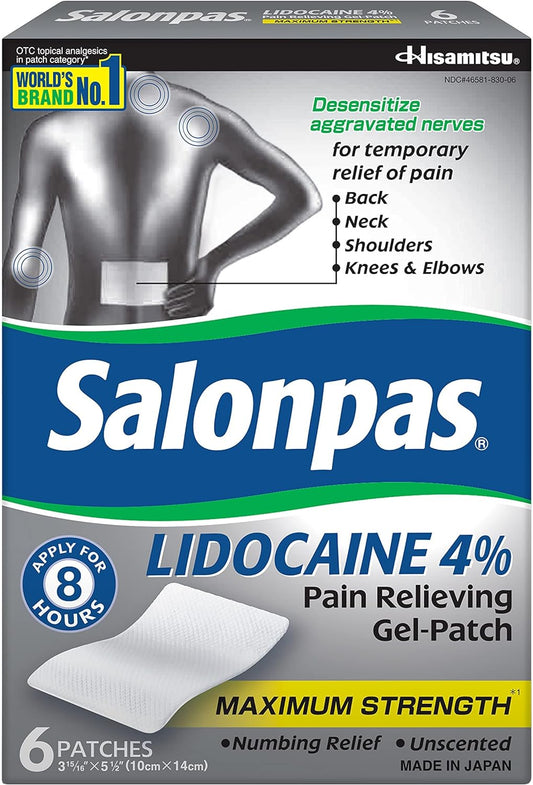 Salonpas Lidocaine 4% Pain Relieving Maximum Strength Gel-Patch 6ct (Pack of 2)