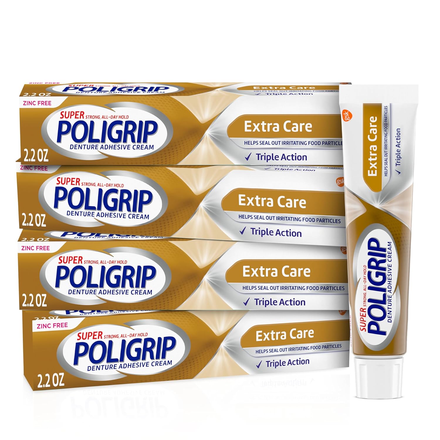 Super Poligrip Extra Care Denture Adhesive Cream, Zinc Free Denture Cream - 2.2 Ounce (Pack Of 4)