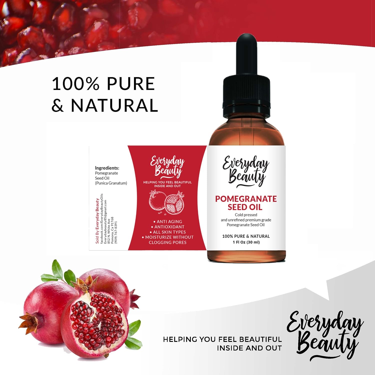 Pomegranate Seed Oil - 1 Fl Oz Glass Bottle & Dropper - 100% Pure And All Natural Cold Pressed Moisturizing Oil For Face Skin And Hair : Beauty & Personal Care