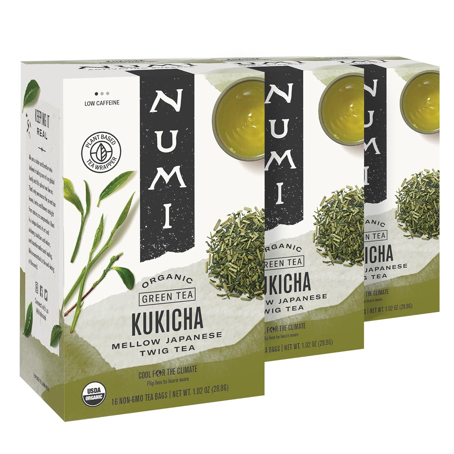 Numi Organic Kukicha Green Tea, 16 Tea Bags (Pack Of 3), Roasted Japanese Twig Tea, Caffeinated