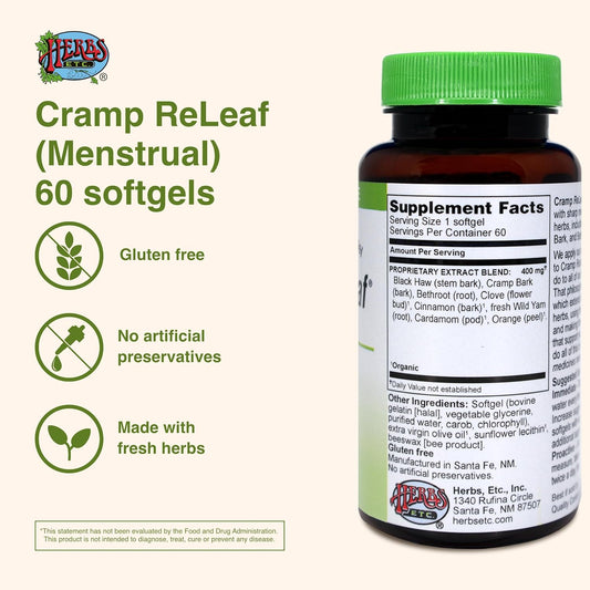 Herbs Etc. Cramp Releaf (Menstrual) - Abdominal Muscle Support - Herbal Supplement To Aid Menstrual Health - Period Cramp Support With Black Haw, Cramp Bark And Bethroot - 60 Softgels (60 Servings)