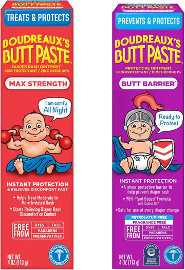 Boudreaux'S Butt Paste 4Oz Butt Barrier Ointment And 4Oz Max. Strength Diaper Rash Ointment