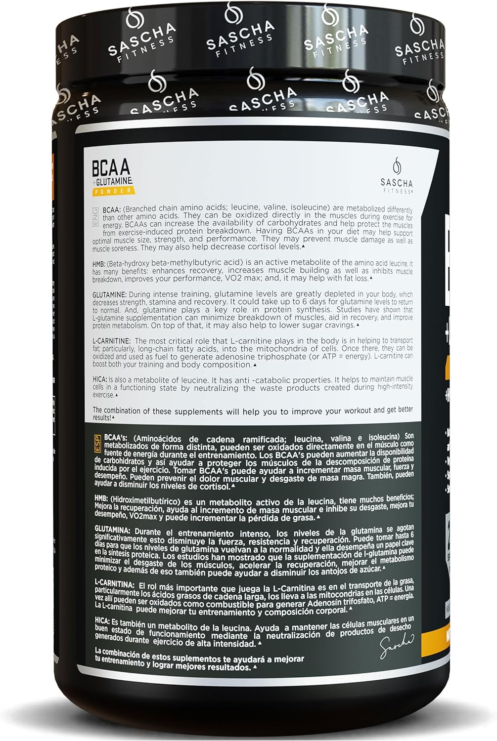 Sascha Fitness BCAA 4:1:1+Glutamine, HMB, L-Carnitine, HICA|Powerful and Instant Powder Blend with Branched Chain Amino Acids(BCAAs)for Pre, Intra and Post-Workout,Natural Mango Coconut Flavor,362.5g : Health & Household
