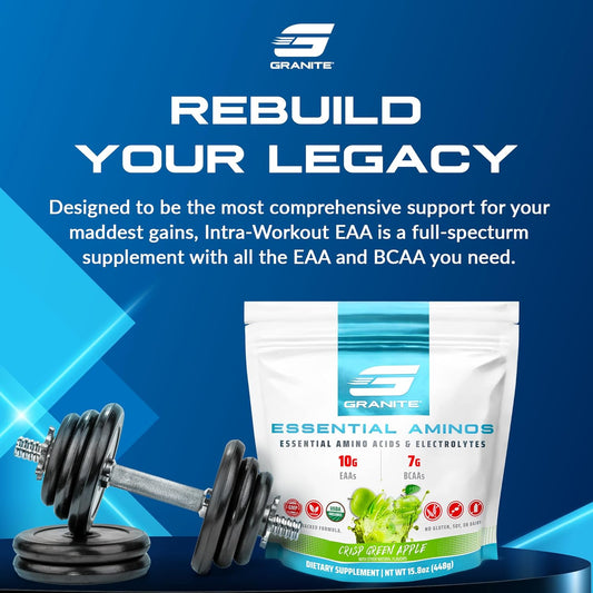 Granite 10G Essential Amino Acids Powder (30 Servings) Muscle Recovery Supplement For Muscle Growth - 7G Bcaa Powder With Electrolytes, Soy And Gluten-Free, Made In Usa, Green Apple Flavor