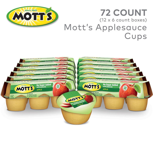 Mott'S No Sugar Added Applesauce, 3.9 Oz Cups, 72 Count (12 Packs Of 6), Good Source Of Vitamin C, No Artificial Flavors