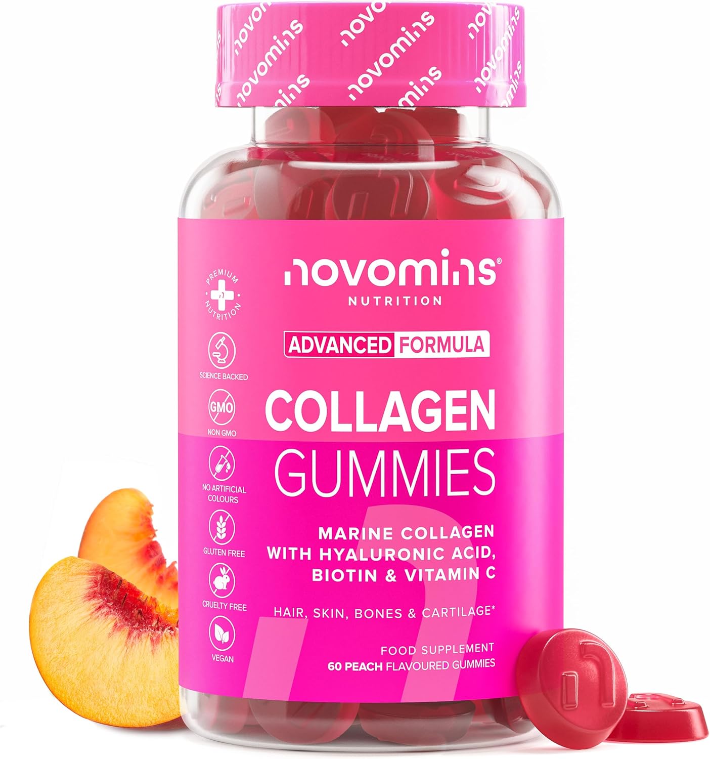 50Mg Marine Collagen Gummies - Hydrolysed Collagen Peptides With Hyaluronic Acid, Vitamin C & Biotin - More Convenient Than Collagen Powder - Collagen Supplements For Women - 60 Gummies - Novomins